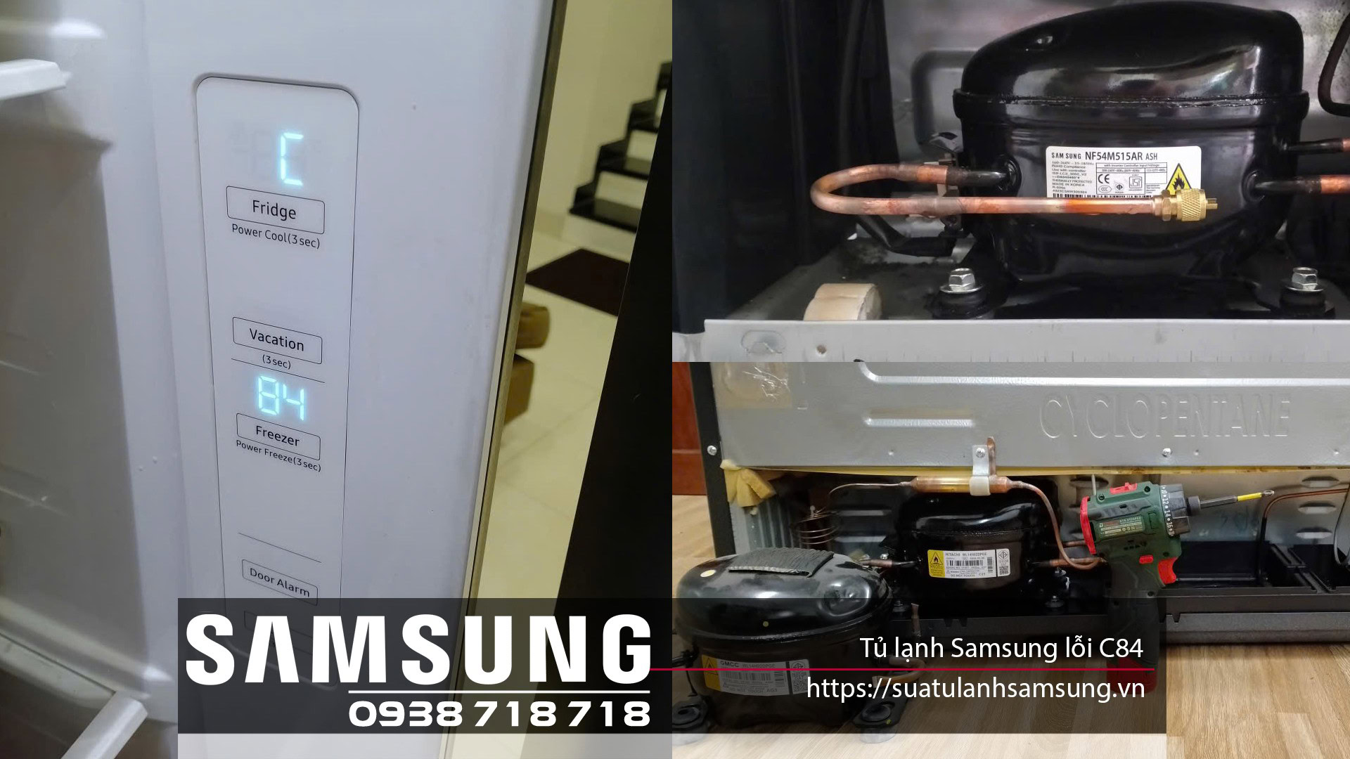 Cooler repair service for Samsung refrigerator C84 model, featuring internal components, compressor, and control panel. Expert Samsung refrigerator repair by authorized technicians.